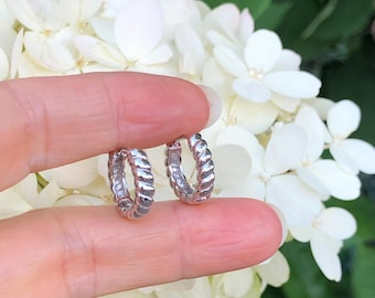 14.5mm/10mm x3mm Silver Rope Huggie Hoop Earrings Sterling Silver 925, Plain Rope Huggie Hoops, Small Rope Hoops for Men Women