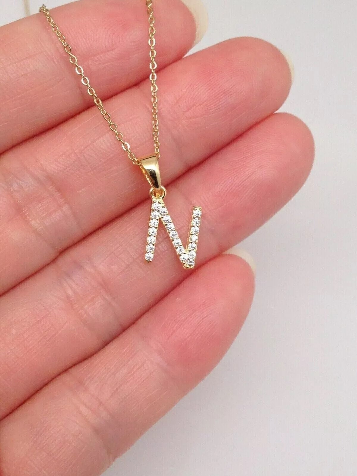 8.5mm Gold Initial N Necklace Sterling Silver 925, Cubic