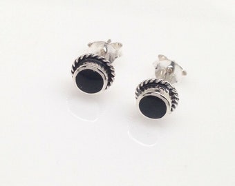 6.5mm Round Black Onyx Stud Earrings 925 Sterling Silver, Small Tiny Onyx Post Studs Womens 6.5mm(0.26") /4.5mm