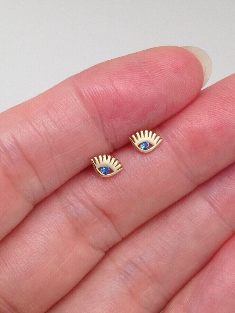 5.5mm Tiny Gold Evil Eye Stud Earrings 925 Sterling Silver, Dainty