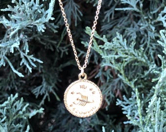 15mm/0.59in Gold Zodiac Scorpio Necklace Sterling Silver 925, Gold Plated Small Round Zodiac Coin Necklace for Women Girls, 16-18"