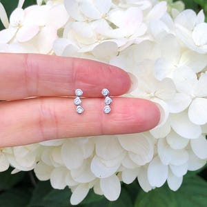 9mm Silver Three Stone Stud Earrings Sterling Silver 925, Cubic Zirconia Bezel Three Stone Studs, Tiny Bar Studs for Women Girls