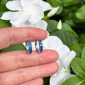May include: A pair of small silver-toned hoop earrings featuring a row of rectangular-cut, vibrant blue stones set along the front-facing edge of each hoop, creating a continuous line of color in a classic, compact circular design.