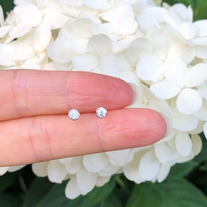 May include: A pair of small, round, silver stud earrings with clear gemstones.