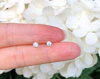3mm Silver Bezel Solitaire Stud Earrings Sterling Silver 925, Cubic Zirconia, Dainty Round Studs