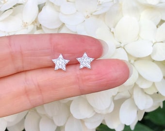 7mm Silver Star Stud Earrings Sterling Silver 925, Cubic Zirconia, Pave Star Studs, Tiny Star Earrings for Men Women