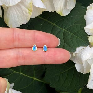 May include: A pair of teardrop-shaped opal earrings with gold settings. The earrings are small and delicate, and the opals have a light blue color.