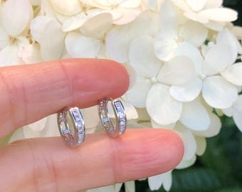 12mm/9mm x2.5mm Silver Huggie Hoop Earrings Sterling Silver 925, Cubic Zirconia, Princess Cut Huggie Hoops for Men Women, Small Hoops