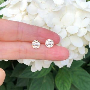 7mm Gold Hammered Disc Stud Earrings Sterling Silver 925, Gold Plated Tiny Disc Studs, Cubic Zirconia Dainty Disc Circle Studs for Women her