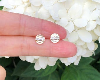 7mm Gold Hammered Disc Stud Earrings Sterling Silver 925, Gold Plated, Cubic Zirconia, Tiny Round Circle Studs, Dainty Disk Earrings