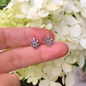 May include: A pair of silver marijuana leaf stud earrings. The earrings are small and delicate, and they are perfect for adding a touch of whimsy to any outfit.
