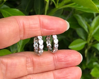 16mm/12mm x3mm Silver Heart Hoop Earrings Sterling Silver 925, Cubic Zirconia, Heart All Around Huggie Hoops, Pave Small Hoops, Bezel Heart