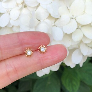 Peut inclure: Une paire de boucles d'oreilles dor&eacute;es. Chaque boucle d'oreille pr&eacute;sente un motif de soleil avec une pierre pr&eacute;cieuse claire au centre. Les boucles d'oreilles sont petites et d&eacute;licates. Fond flou avec des fleurs blanches.