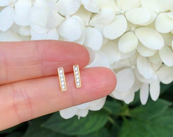 10mm Gold Bar Stud Earrings Sterling Silver 925, Gold Plated, Cubic Zirconia, Pave Bar Studs, Tiny Dainty Earrings
