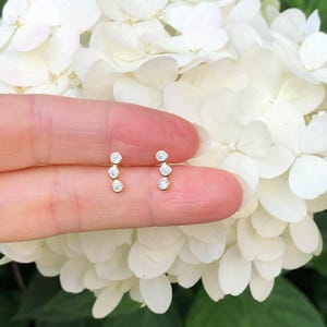 9mm/0.35in Gold Three Stone Curved Stud Earrings Sterling Silver 925, Cubic Zirconia Bezel Three Stone Studs, Gold Plated Tiny Bar Studs