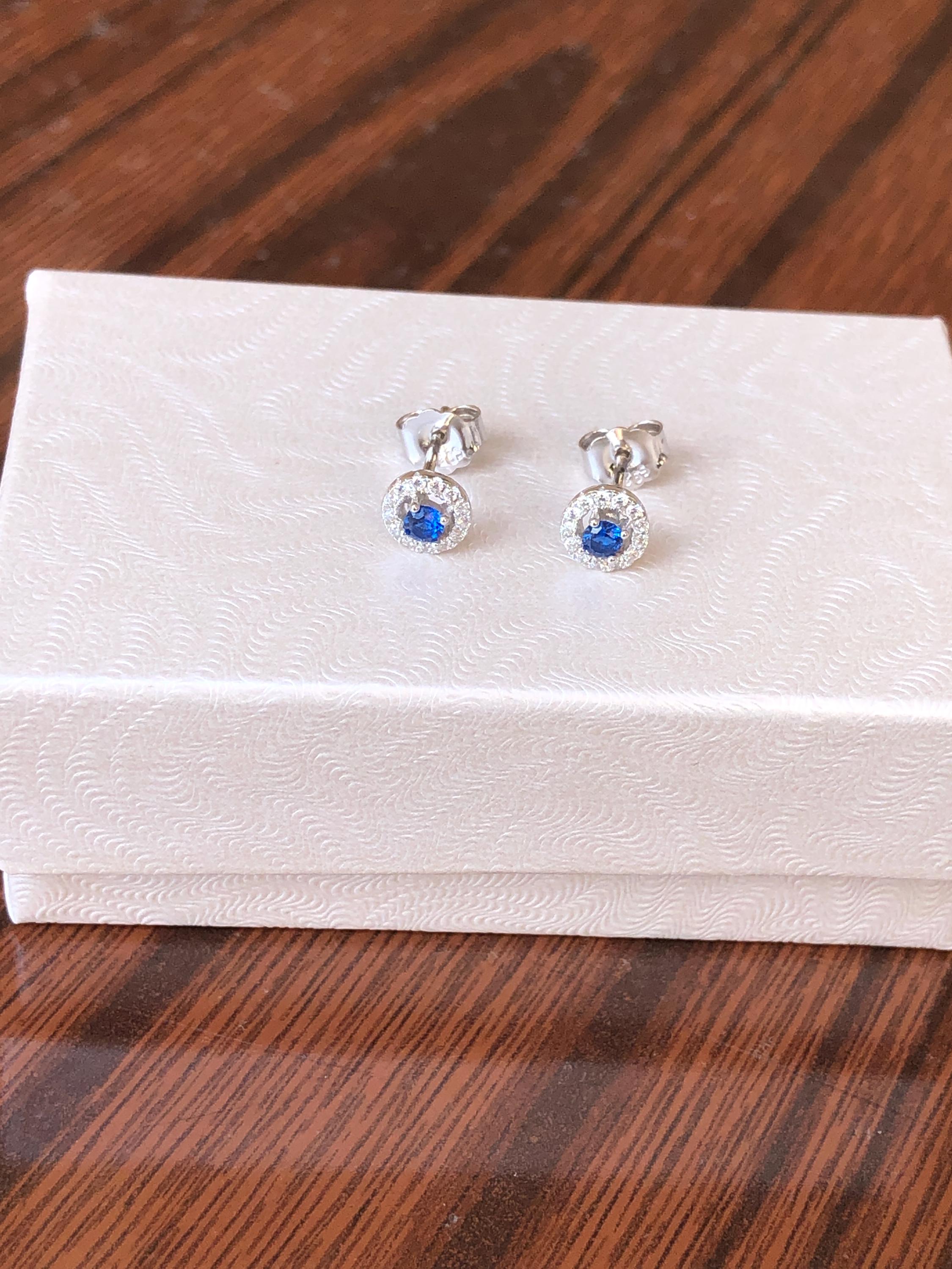 [haesool] 925Silver☆Natural Stone Blue Sapphire Earrings 925 Sterling Silver Created Blue Sapphire Stud Earrings for