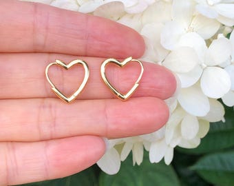 15mm/12mm x1.8mm Gold Heart Huggie Hoop Earrings Sterling Silver 925, Gold Plated, Plain Hoops, Open Heart Small Hoops