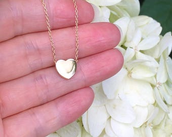 9mm Gold Heart Necklace Sterling Silver 925, Gold Plated, Tiny Plain Heart Necklace, Floating Pendant, 16-18"