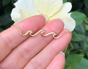 33mm/1.30in Gold Ocean Wave Necklace Sterling Silver 925, Gold Plated Ocean Wave Necklace for Women Girls, 15-17&quot;