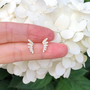 12mm/0.47in Gold Angel Wing Stud Earrings Sterling Silver 925, Gold Plated Angel Wing Studs, Angel Wing Earrings with Cubic Zirconia, 12x5mm