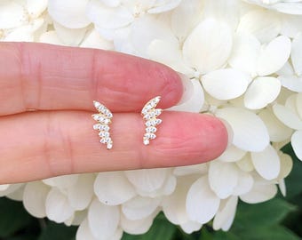 12mm/0.47in Gold Angel Wing Stud Earrings Sterling Silver 925, Gold Plated, Cubic Zirconia, Tiny Pave Studs, Gold Wing Earrings Women Girls