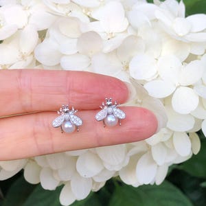 11mm Silver Pearl & Bee Stud Earrings 925 Sterling Silver, Tiny Bumble Bee Earrings, Pave Honey Bee Studs, Cubic Zirconia, Pearl 5mm