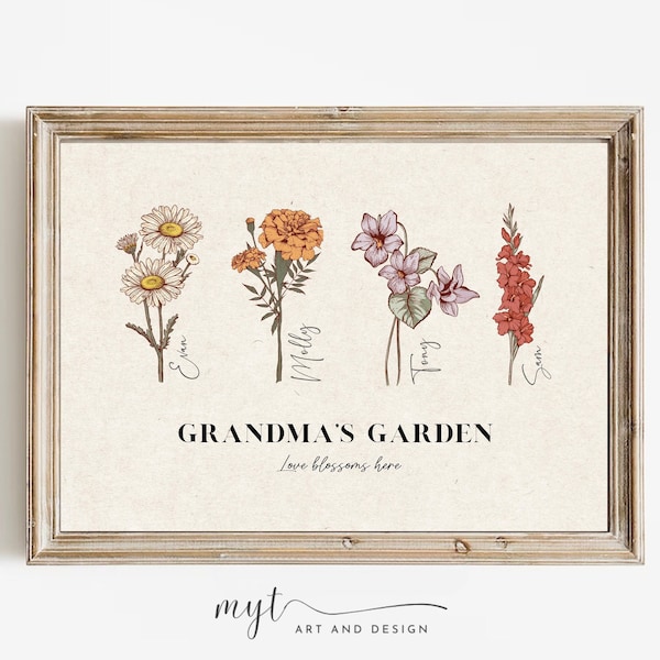 Grandma's Garden, Mom's Garden, Family Birth Month Flowers, Custom Order, Digital Download, Antique Flower Print