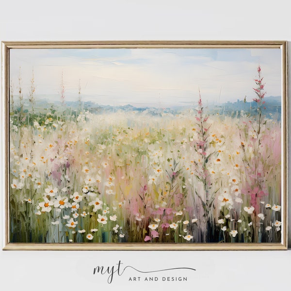 Printable Wildflower Field Landscape Oil Painting, Vintage Landscape Art Print, Abstract Wall Art Digital Download