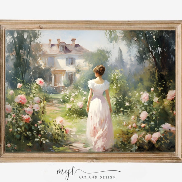 Vintage Scenic Flower Painting, Girl Playing in Garden, Vintage Landscape Digital Art, Roses Garden Print , Cottage Painting