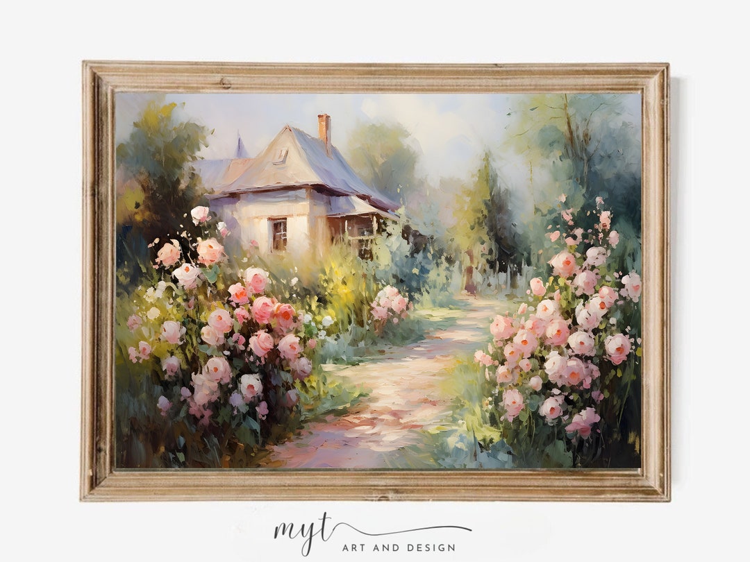 Rosengarten Vintage Gemälde, Vintage englische Cottage Kunst, Vintage