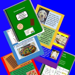 May include: Educational resources for fraction and proportion word problems. The image shows a green spiral-bound notebook with the title "Fraction & proportion word problems", alongside colourful problem sheets and a dog illustration.