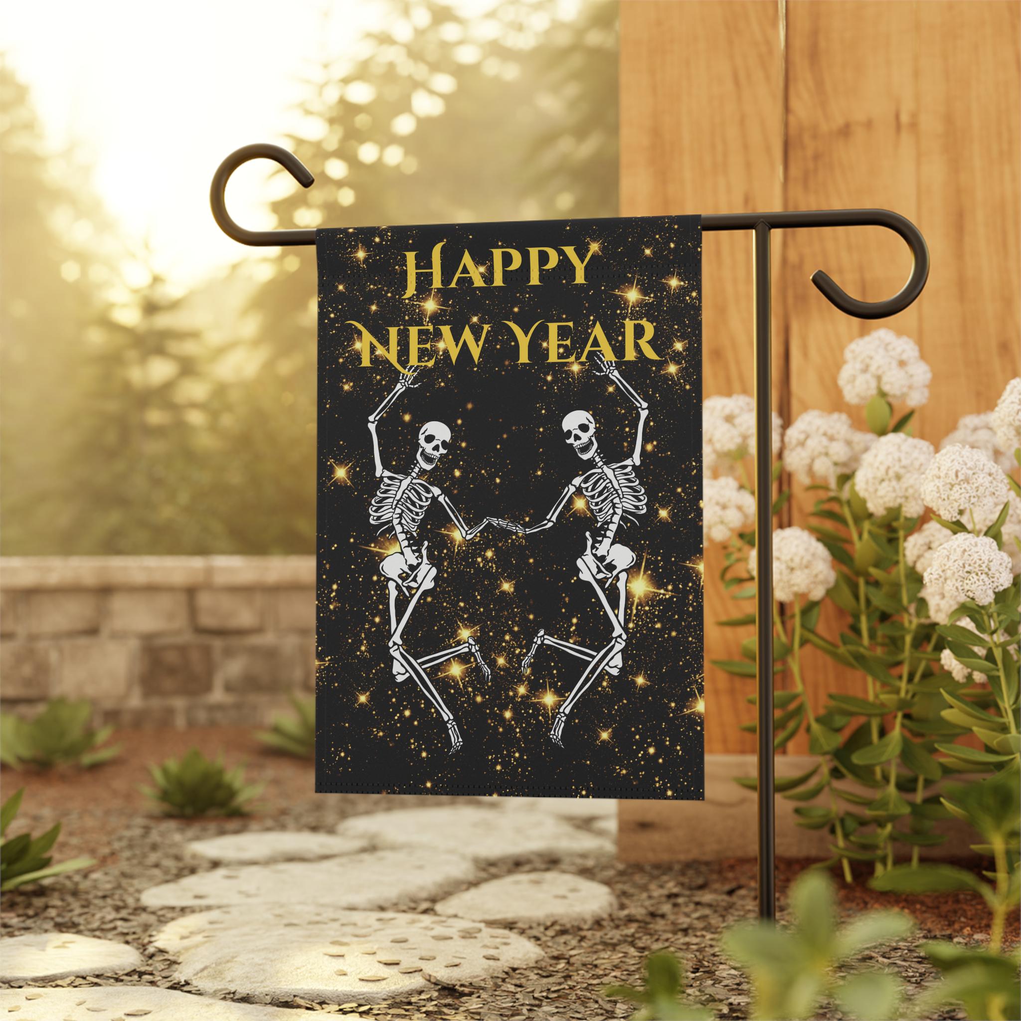 Discover Skeleton Happy New Year GardenFlag, Funny Dancing Skeleton Flag