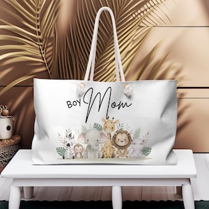 Boy mom tote bag, Mom Weekender Bag, Baby jungle animals, Baby shower gift, New boy mom gift, mother&#39;s day gift, gift for her, large mom bag