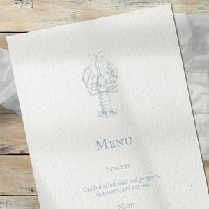 Menú de boda de destino náutico - 4x9 - Plantilla de menú personalizable descargable para boda de destino - Evento marítimo de langosta azul