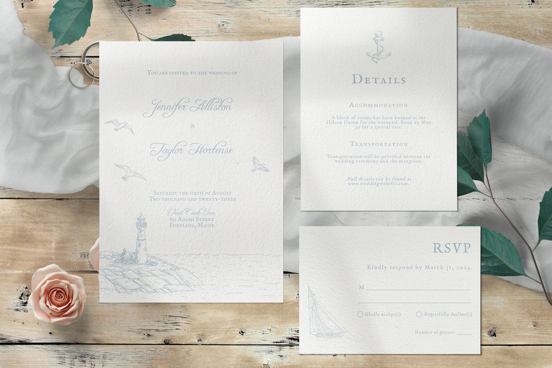 Nautical Lighthouse Wedding Invitation Suite – Customizable Template ...