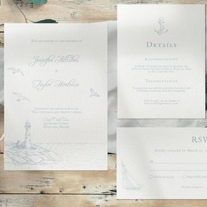 Nautical Destination Wedding Invitation Suite - 3 Pieces - Invite Details RSVP - Downloadable Customizable Template - Blue Lighthouse Sea