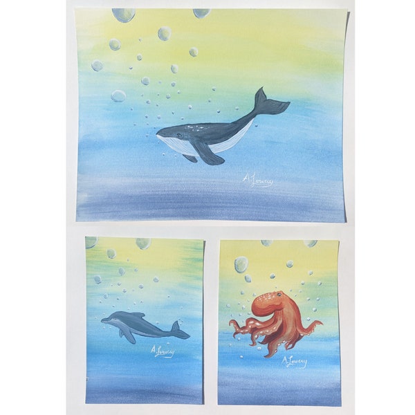 Oceanic Harmony: Trio of Bubbly Acrylic Paintings. Art Prints. Dolphin, Whale, Octopus. 5"x7", 4"x6", 8"x10"