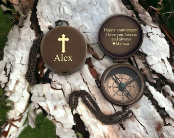 Personalized Gift for Him Brass Compass Anniversary Gifts For Men Fathers Day Gift For Dad Baptism Gifts For Boyfriend Engraved Compass