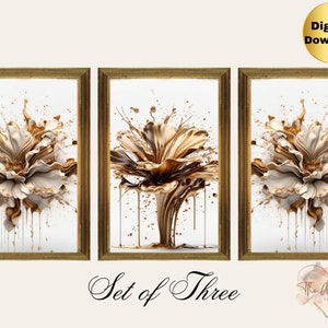 Luxury and Style Combined - Abstract Cream, Gold, and Brown Flower Wall Art - Available in 5 Different Sizes - Set of 3