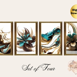 May include: Set of four digital prints featuring abstract floral designs in shades of teal, gold, and brown. The prints are framed in gold and have a white background.
