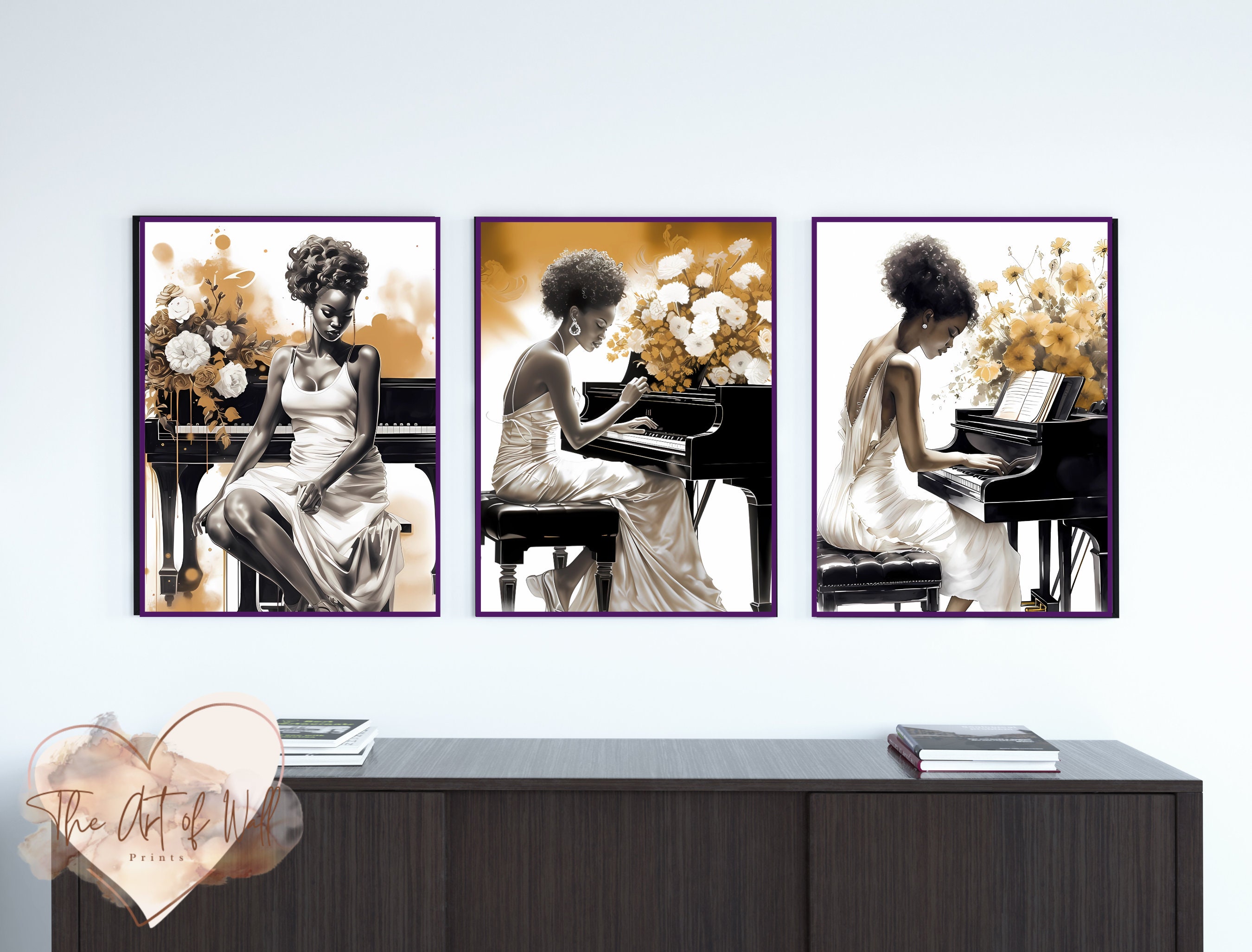 African American Lady Playing Piano Wall Art Print - Elegant White ...