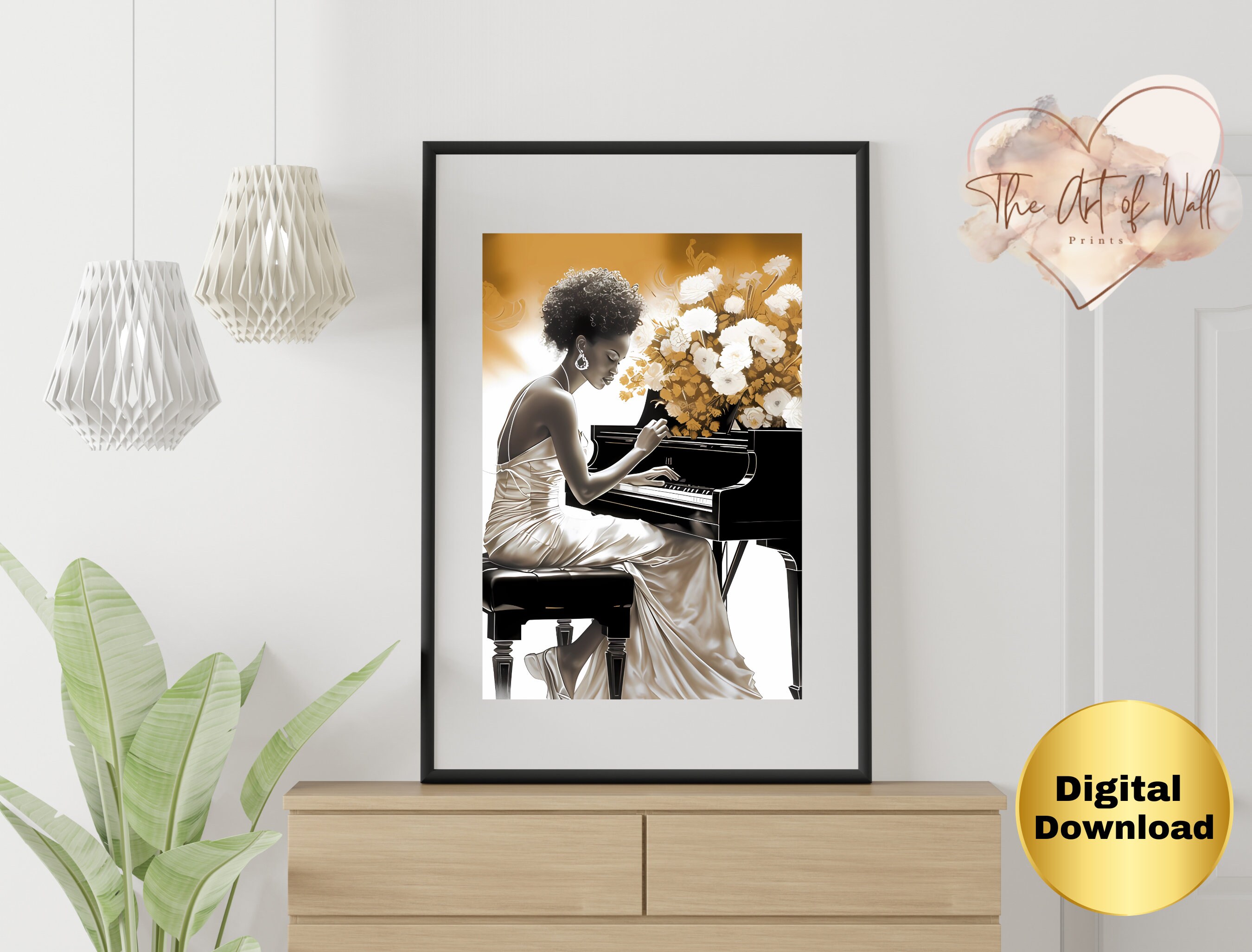 African American Lady Playing Piano Wall Art Print - Elegant White ...