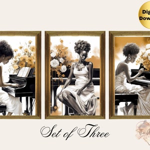 African American Lady Playing Piano Wall Art Print - Elegant White, Gold, and Black Décor - High Quality Digital Printable Artwork