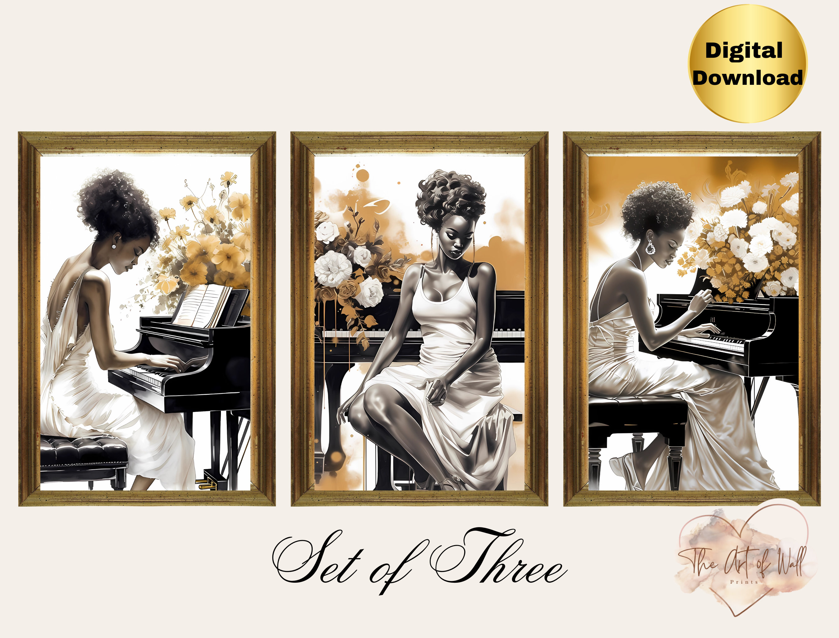 African American Lady Playing Piano Wall Art Print - Elegant White ...