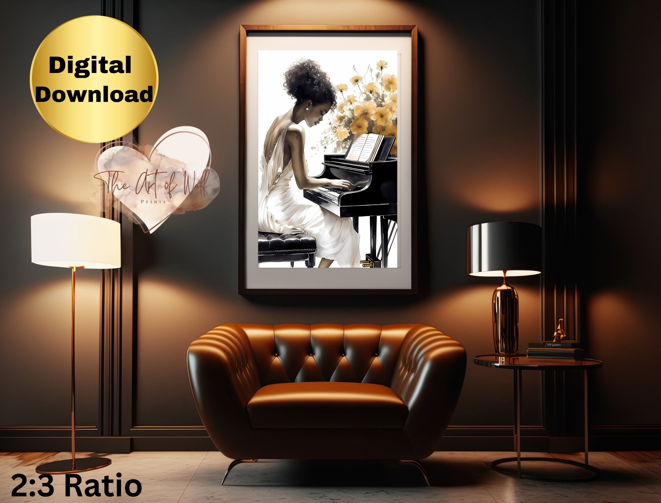 African American Lady Playing Piano Wall Art Print Elegant White, Gold ...