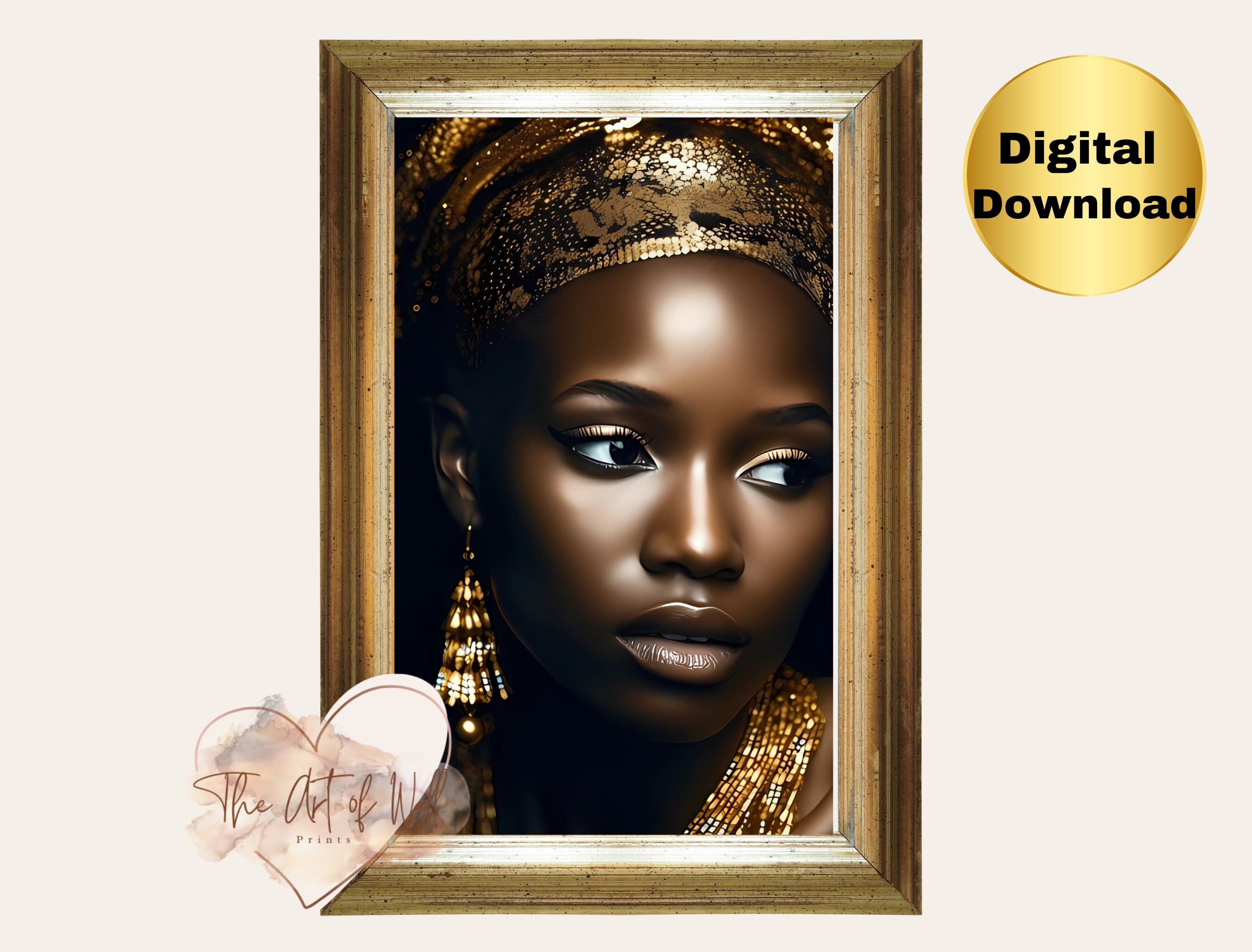 African American Queen Wall Art Print Elegant White, Gold, and Black