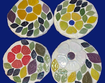 Set of Four Handmade Floral Mosaic Coasters