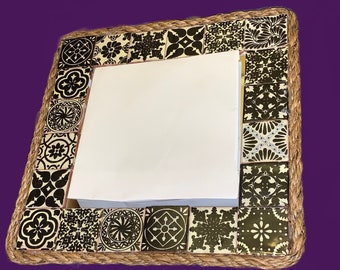 Handmade Talavera Tile Mirror: Black and White, Hemp Rope Frame