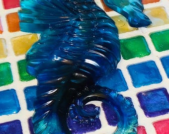 SEAHORSE Wallhanging Indoor/Outdoor Resin Handcrafted Artwork with Alcohol Inks New Blues Turquoise Purples Mostly Transparent & Translucent
