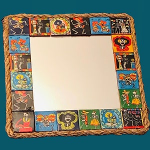 Day of the Dead Dia De Los Muertos Mosaic Glass Mirror with Talavera Tiles from Mexico